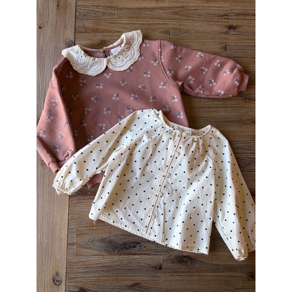Zara Kids Toddler Girl Floral Lace Collar Sweatshirt & Polka Dot Blouse Lot NWT